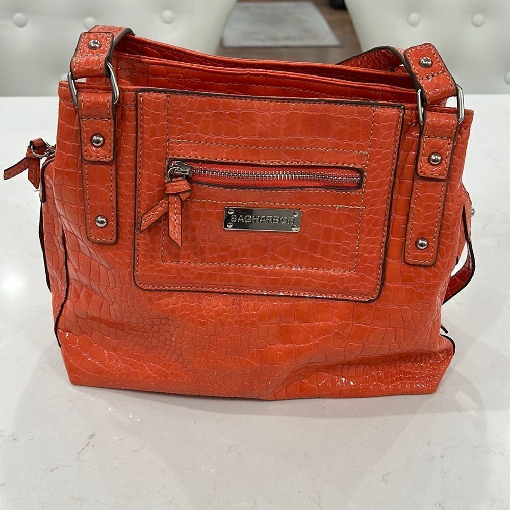 SAG HARBOR SHINY CORAL FAUX LEATHER HANDBAG TOTE SATCHEL PURSE